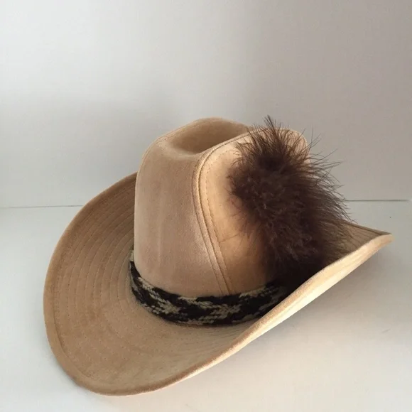 Vintage Womens Stetson Cowboy Western Hat Corduroy Cotton Feather Beige 6-3/4 - Picture 1 of 12